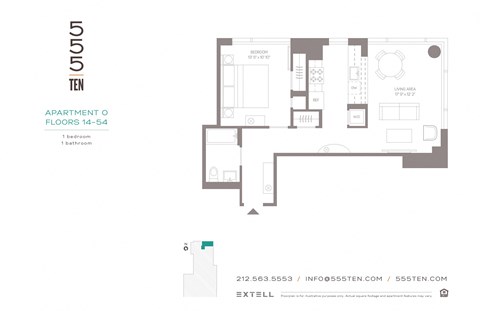 Floor plan for 1 bed, 1 bath, 718 sqft